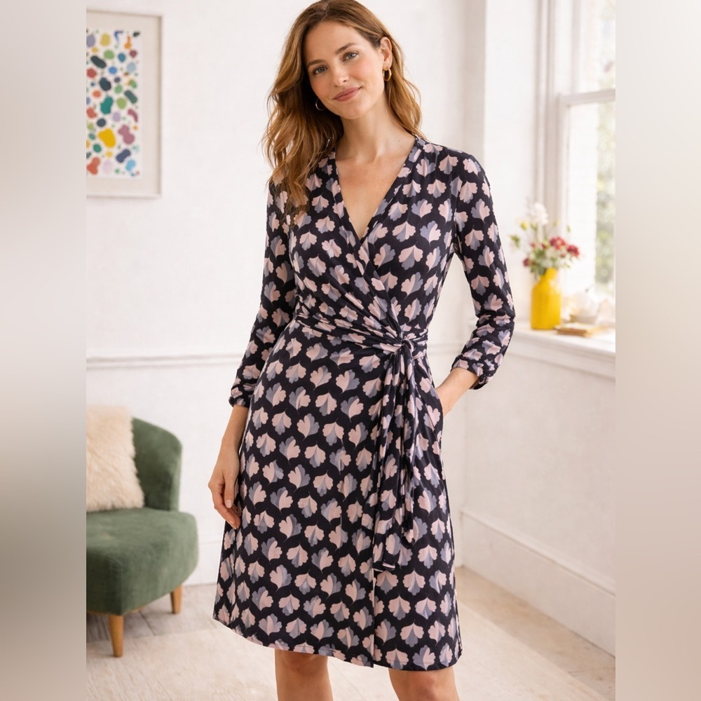 Boden Long Sleeve Wrap Dress | Navy Pink Floral | Size 4R (US 4)